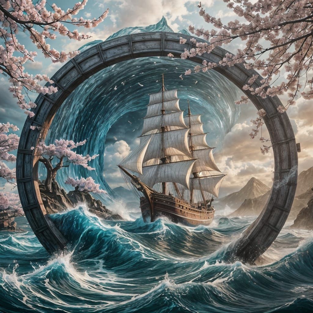 Sailing Ship Emerges From Watery Portal