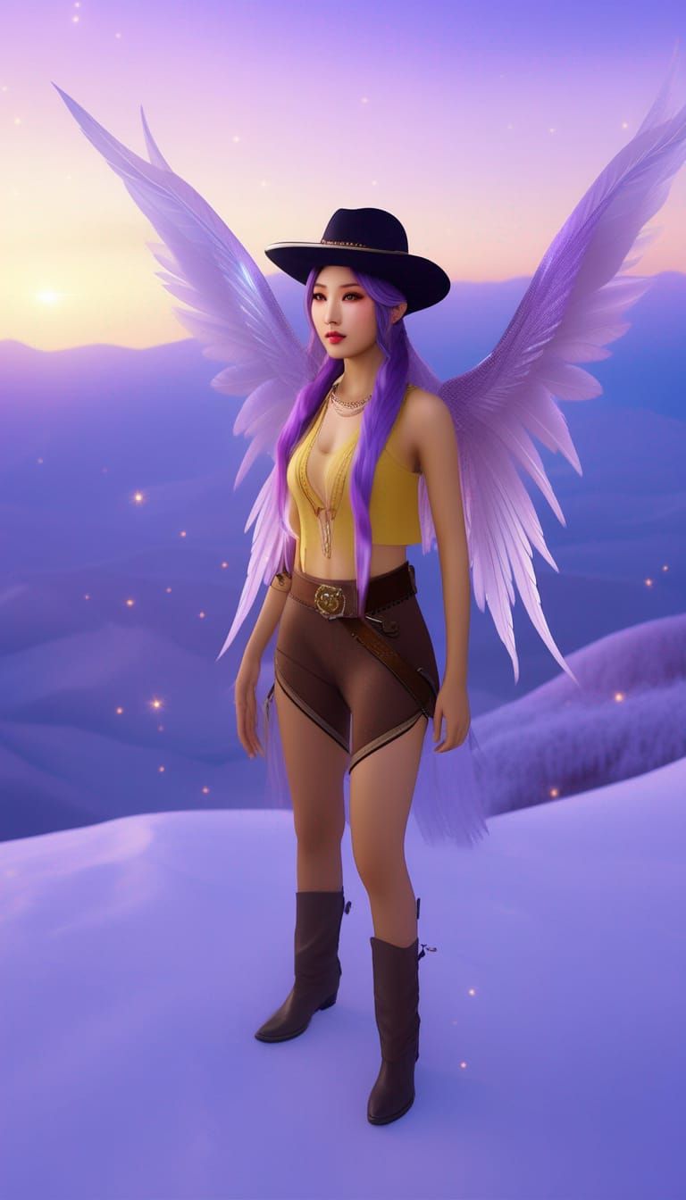 Asian Woman with Braided Hair, Wings, and Cowboy Hat