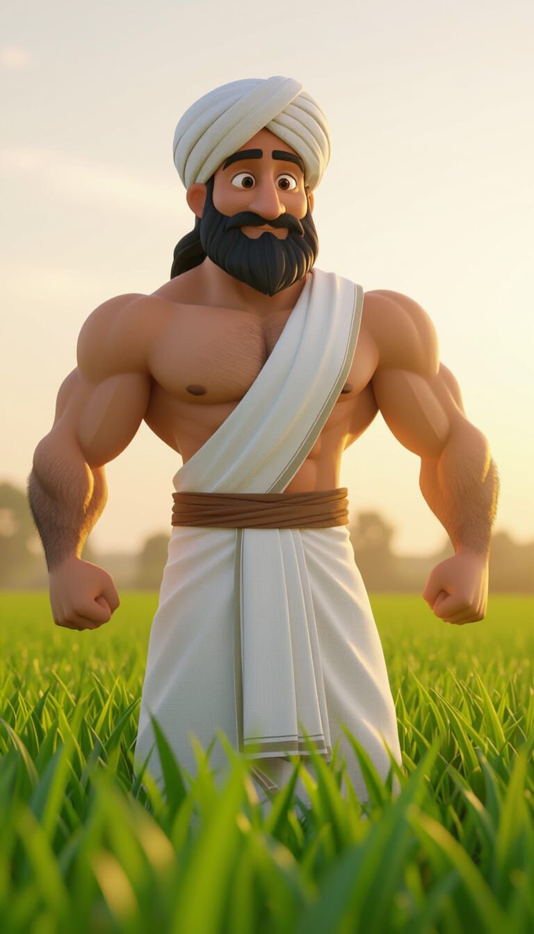 Heroic Indian Farmer in Lush Field, 3D Cartoon Style