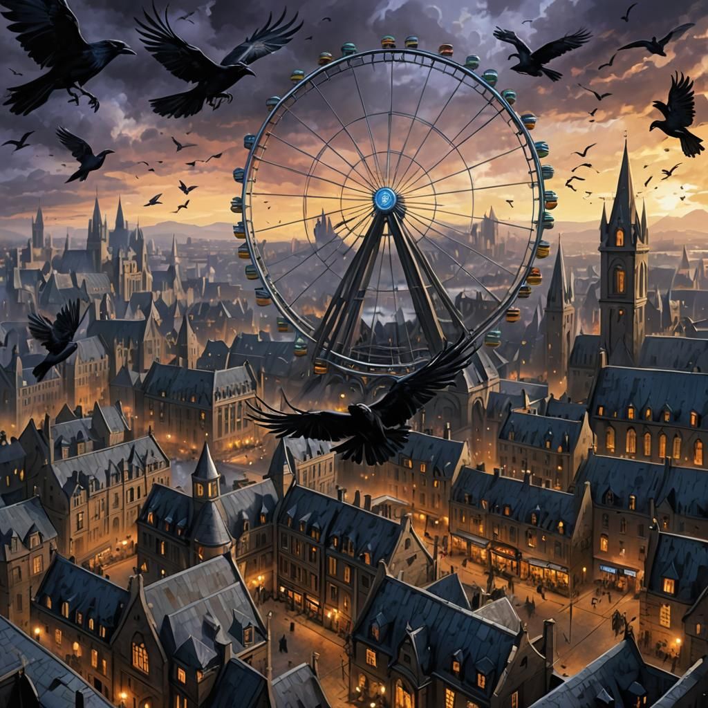 Flying Cityscape with Ferris Wheel, Gothic Digital Art