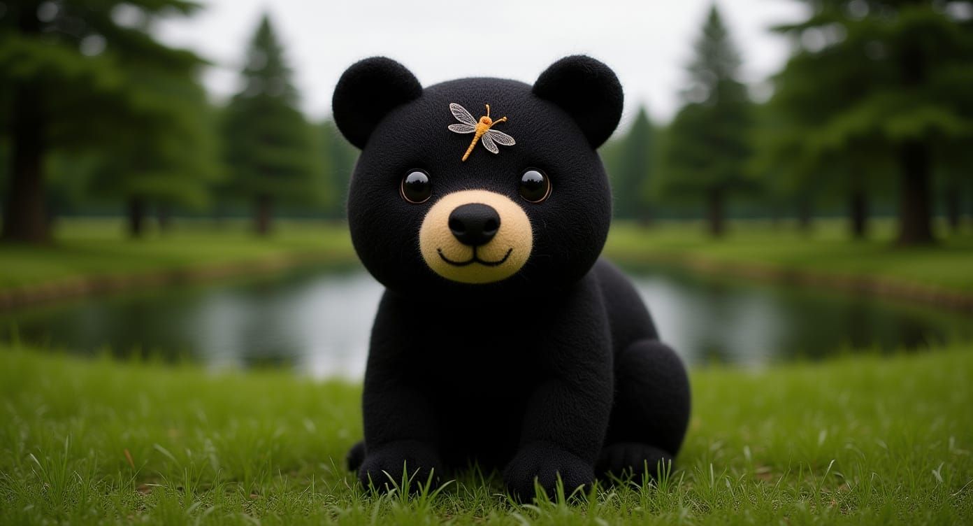 Needle Felted Bear with Dragonfly in Forest