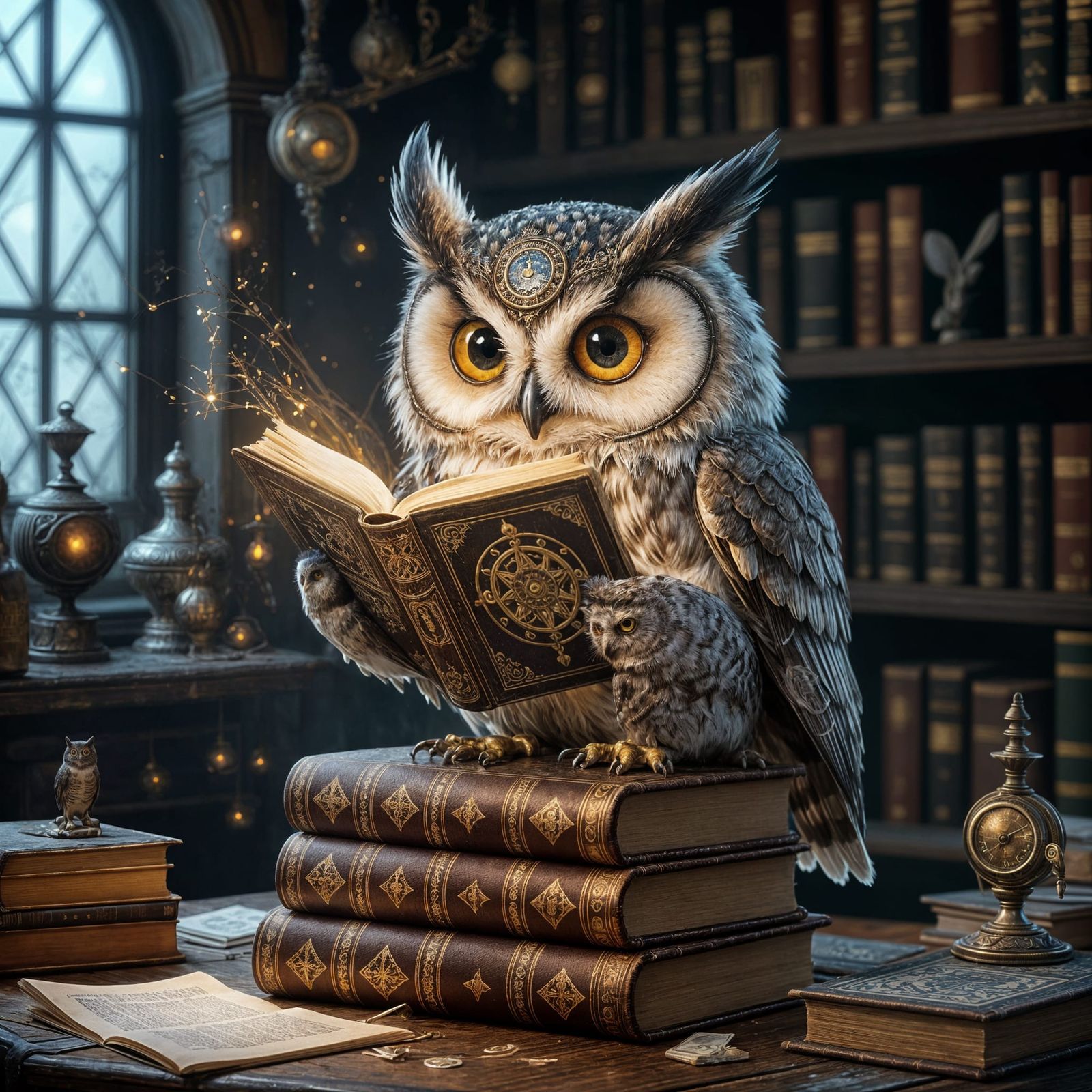 Steampunk Owl Reading in a Cozy Study