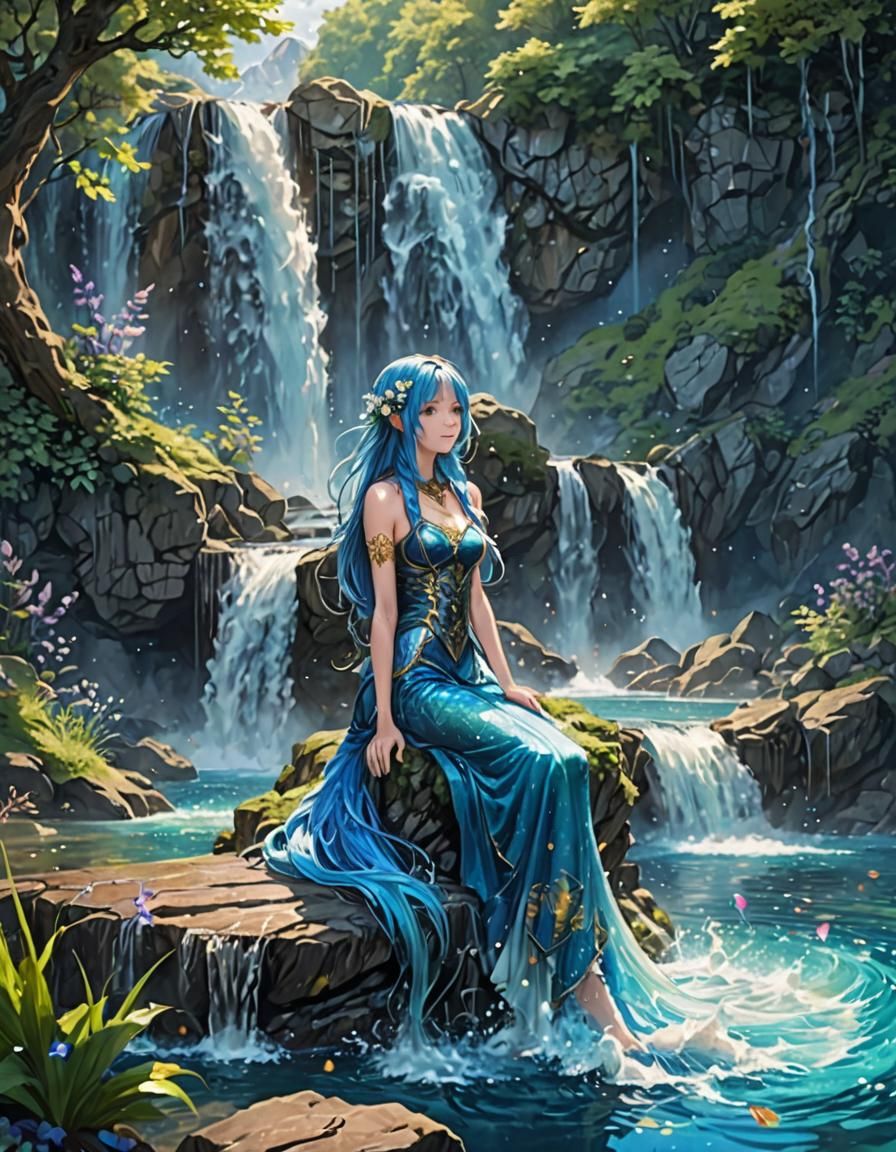 Anime Mermaid in Glittering Waterfall Fantasy