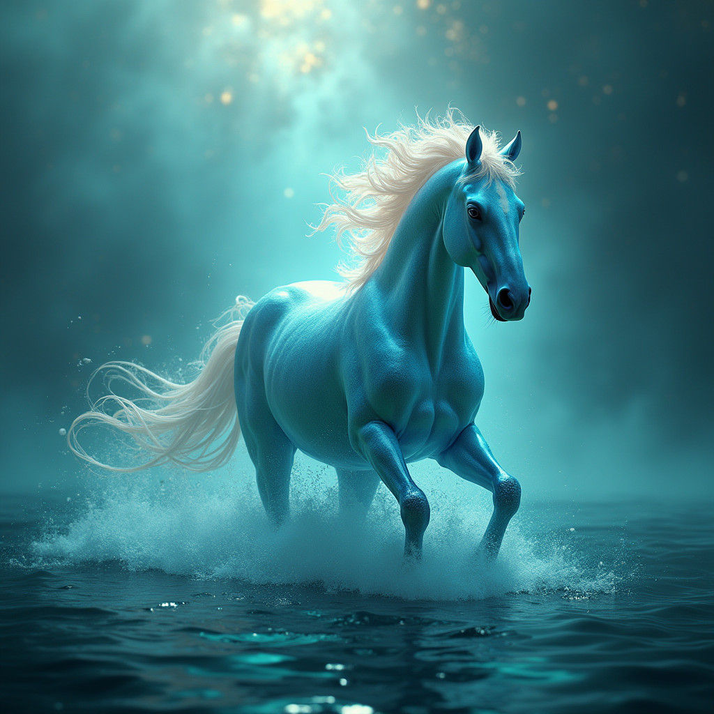 Luminescent Water Horse Emerging from Ocean Depths