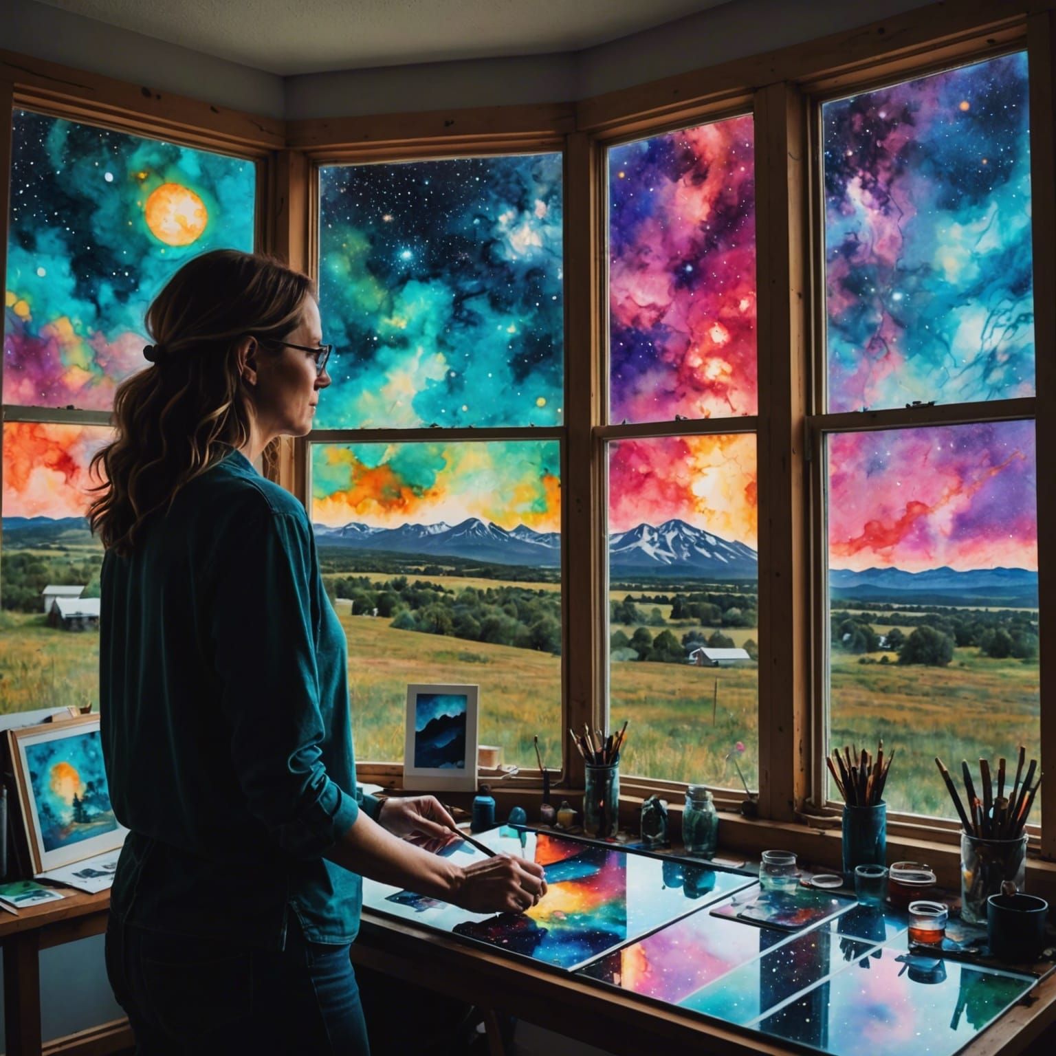Artist's Studio Overlooking Galaxy in Mixed Media