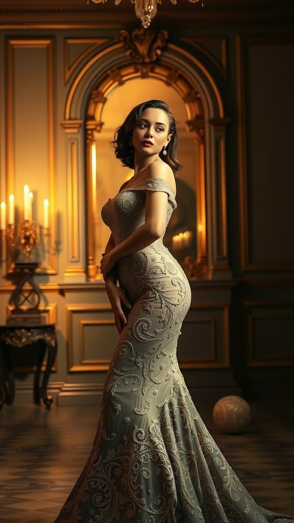 Elegant French Woman in Opulent Gown, Digital Art