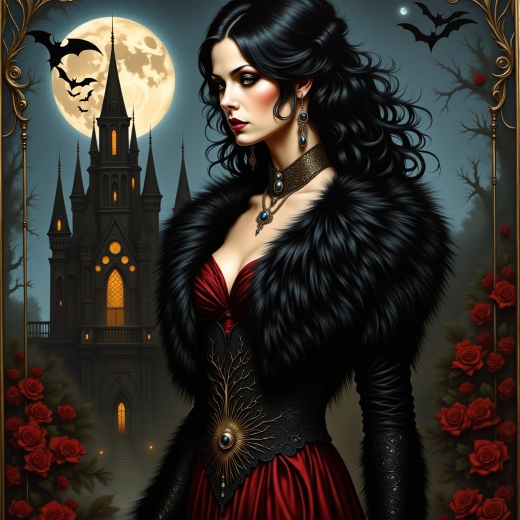 Goth Woman in Haunted Mansion, Under Blood Moon
