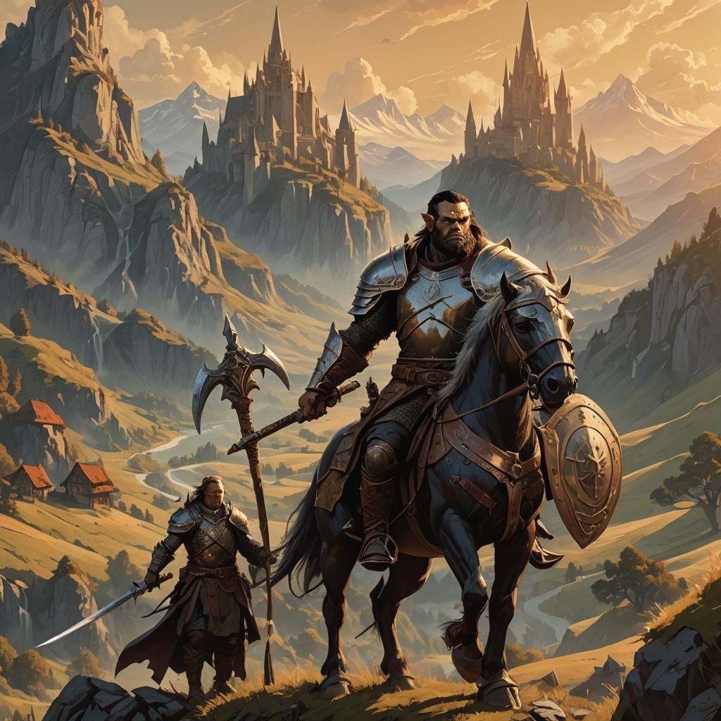 Heroic Half-Orc Paladin and Warhorse: Vintage Fantasy Poster