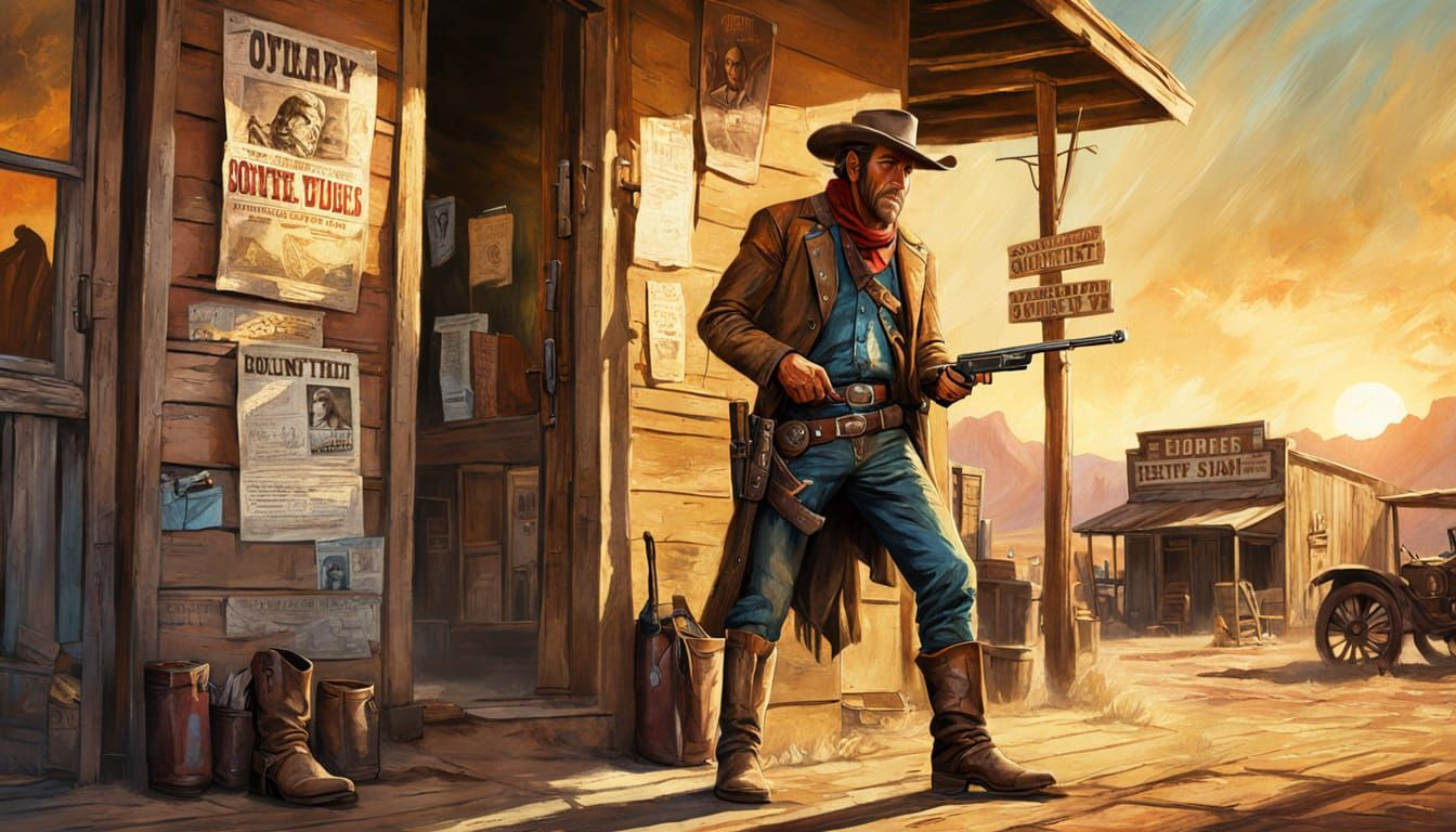 Bounty Hunter and Reward Poster in Oil Painting Style