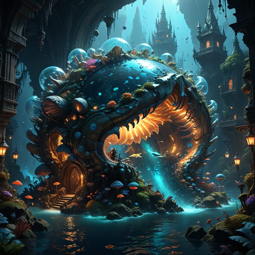 Imagine a bustling underwater city built within a giant, bio...