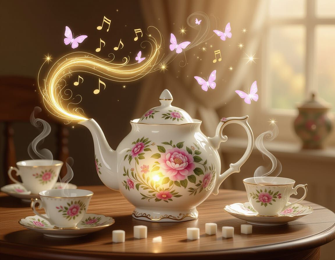 Enchanted Teapot Pours Magical Pastel Tea Above Table