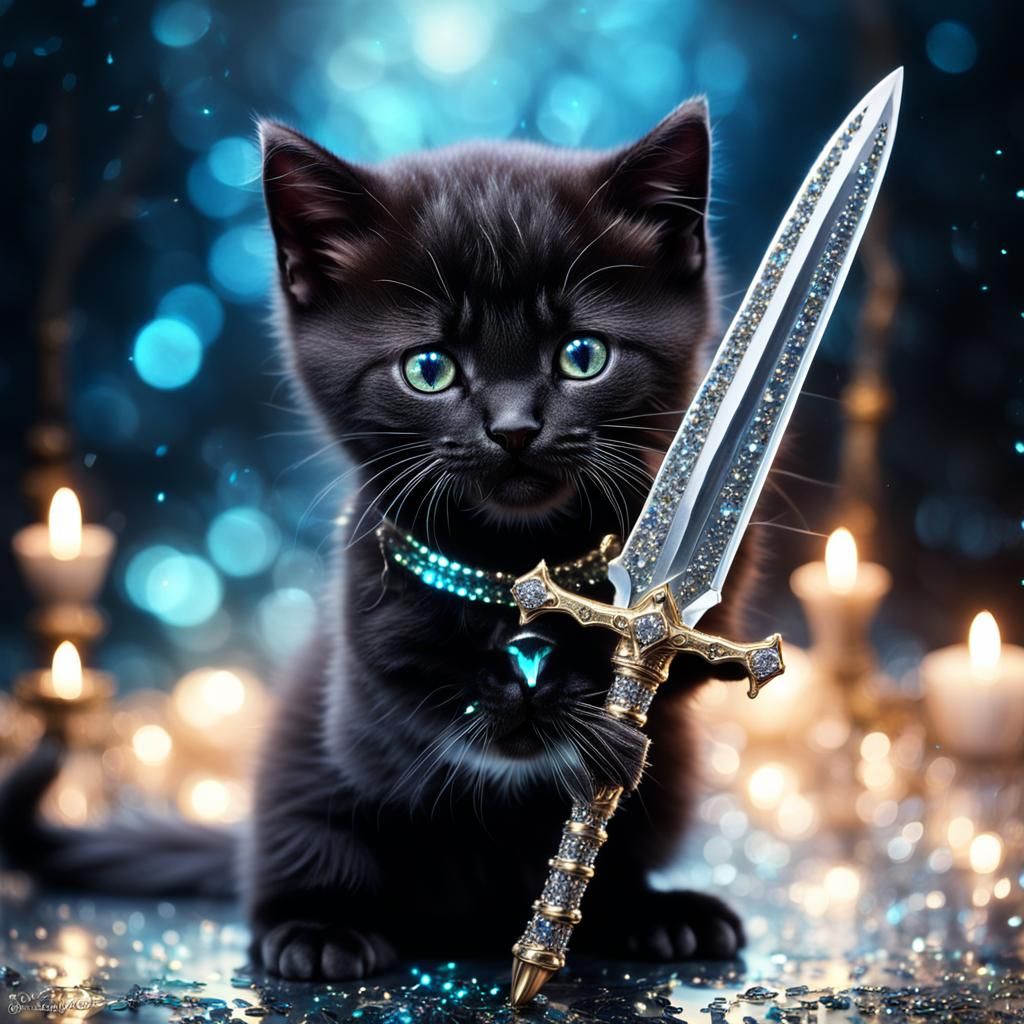 Hyperrealistic Kitten with Dagger in Ethereal Setting