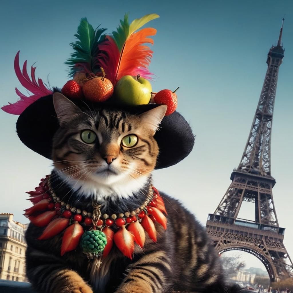 Cat in Flamboyant Hat Under Eiffel Tower
