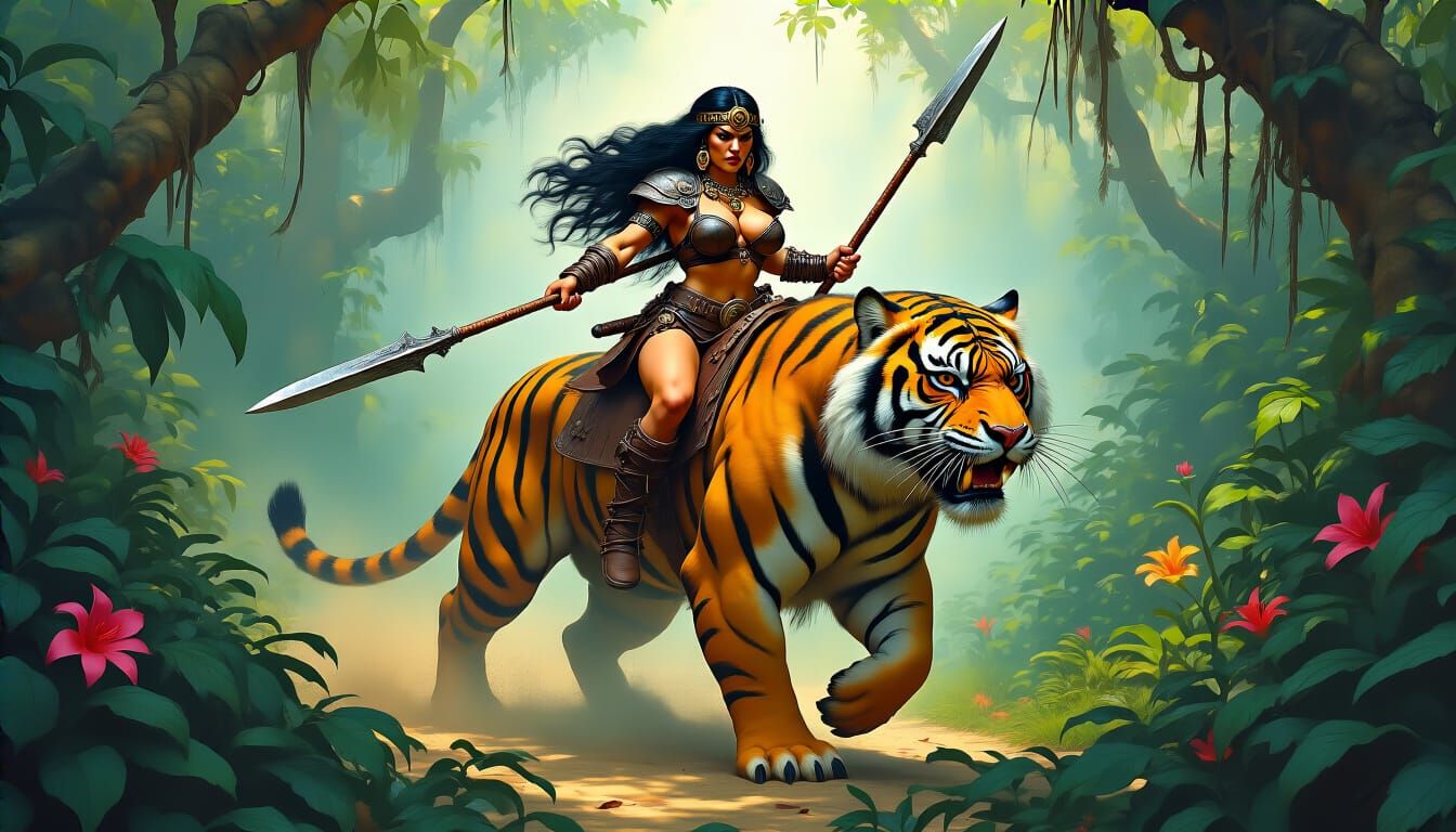 Barbarian Queen Rides Tiger Through Jungle