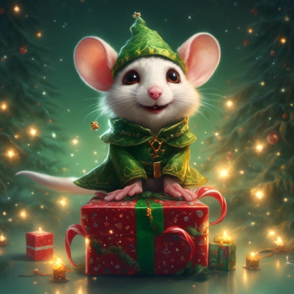 Charming Elf-Mouse Cartoon Creature in Christmas Outfit