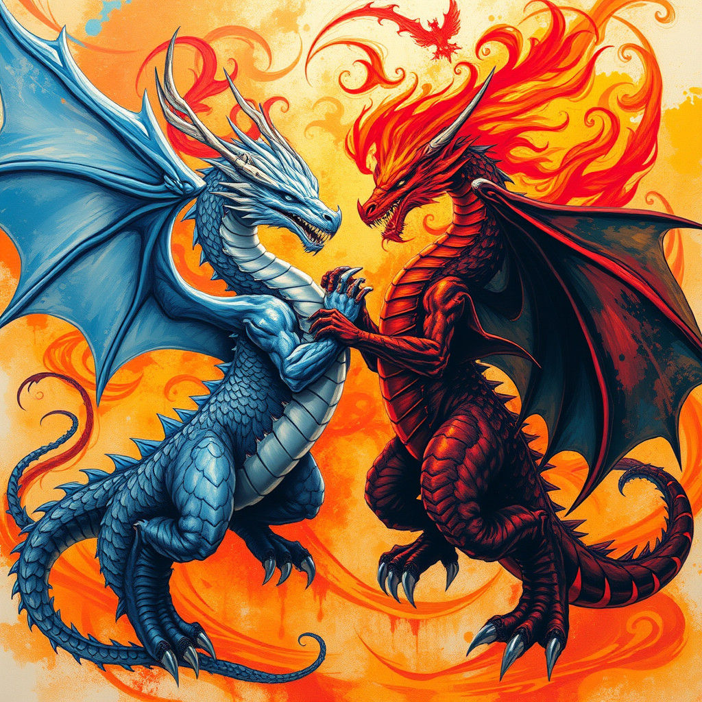 Dragons United: Graffiti Art Style with Icy and Fiery Titans