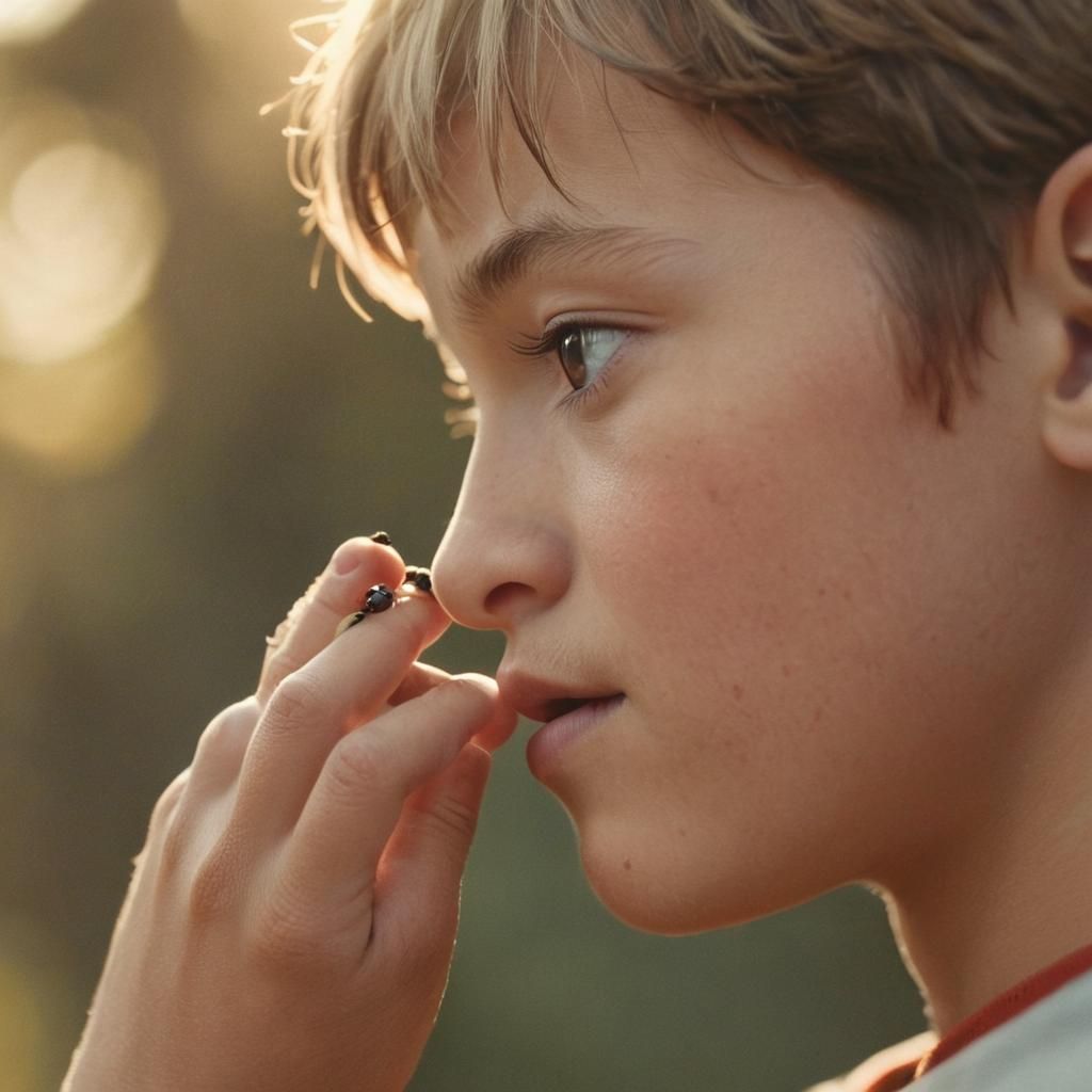 Boy and Ladybug in Golden Hour Light
