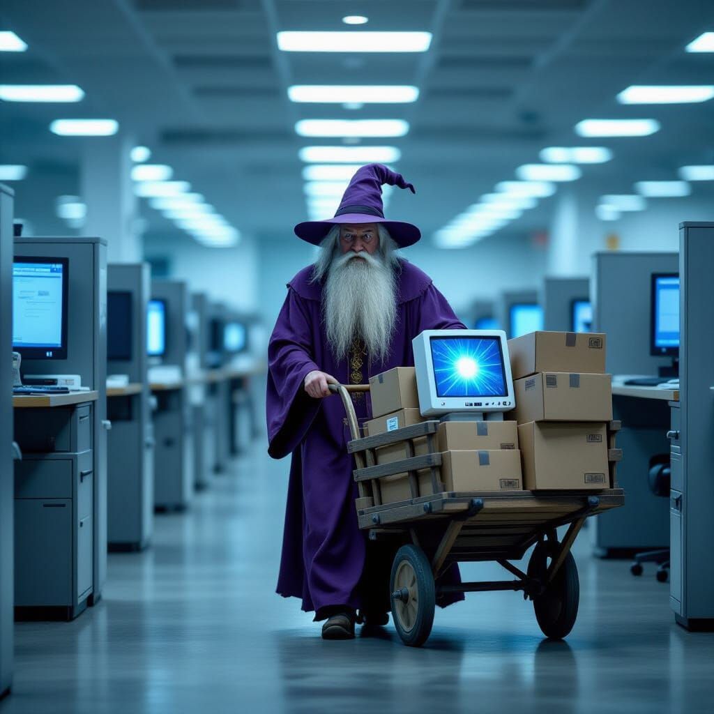 Elderly Wizard Pushes Tech Cart Through Office Cubicles
