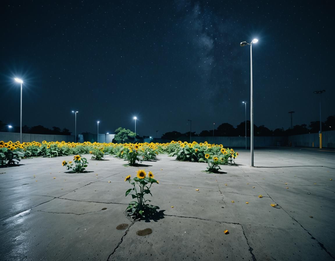 Surreal Parking Garage with Baobab Tree and Sunflowers