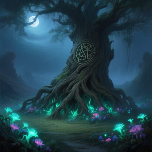 Ancient Tree With Arcane Roots in Ethereal Moonlight