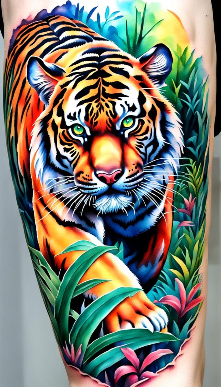 3D full sleeve Tiger in jungle scene Tattoo vibrant colors W...
