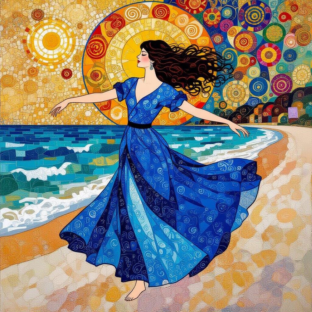 Mosaic Woman Dancing on Beach: Klimt Style