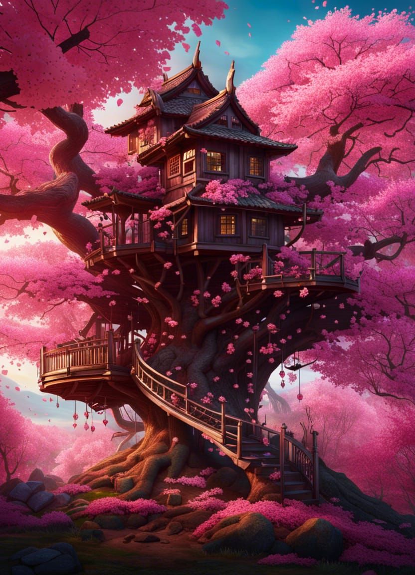 Mystical Cherry Blossom Treehouse: Fantasy Concept Art