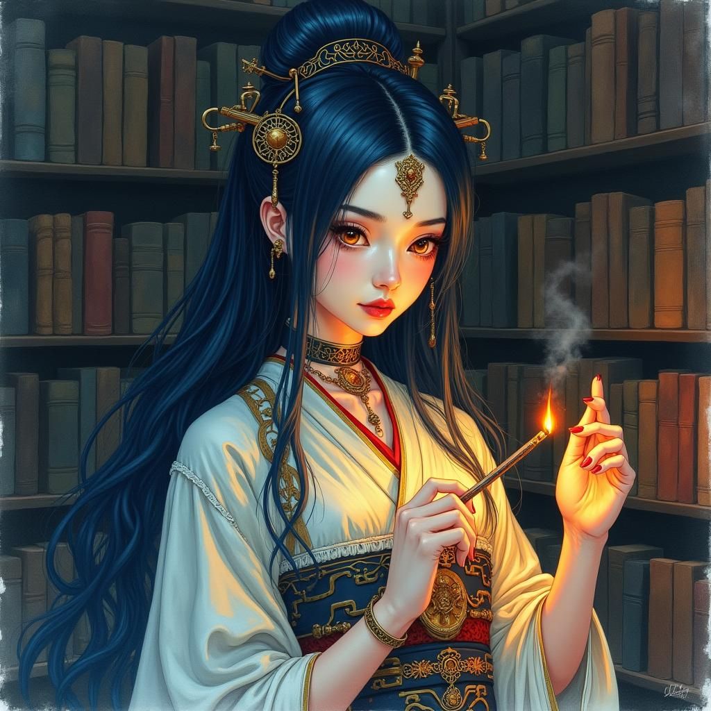 Cyborg Woman in Kimono: Watercolour Impression