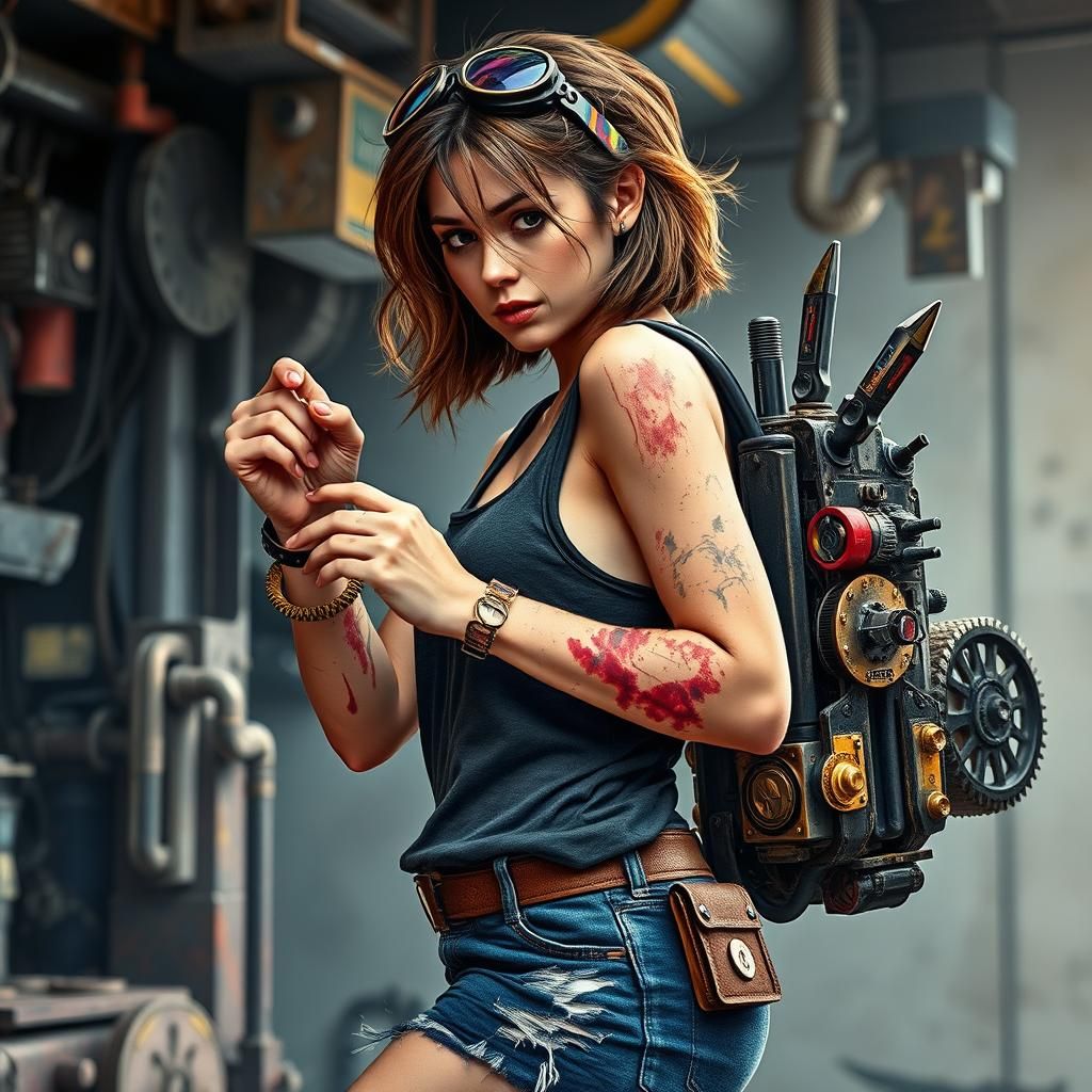 Toned Woman Tinkering on a Space Pirate Ship