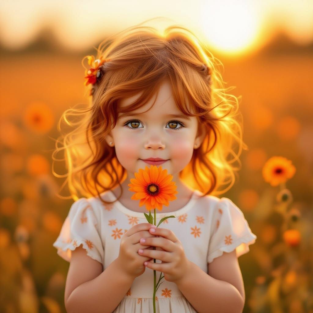Child with Fiery Hair Holds Orange Flower in Golden Field