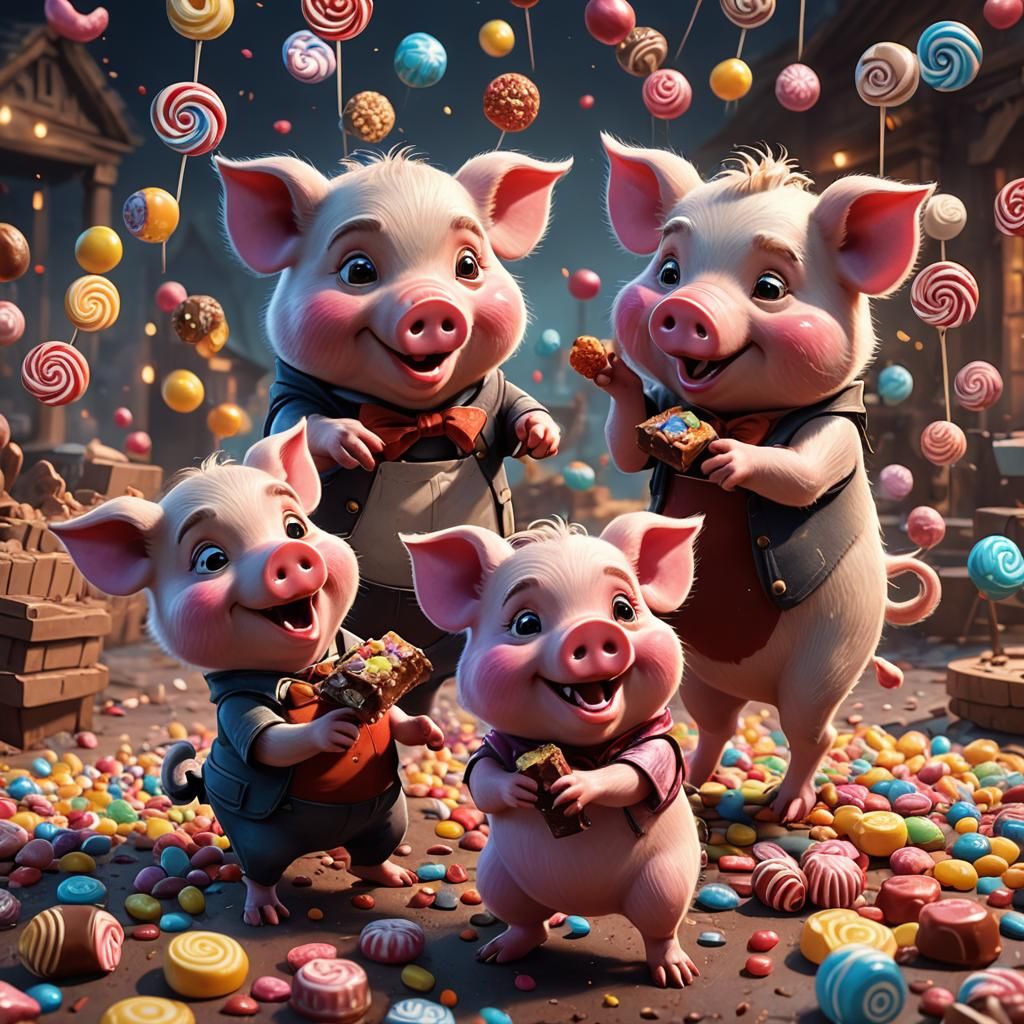 Cartoon Pigs Fight Over Candy: Detailed Matte Painting
