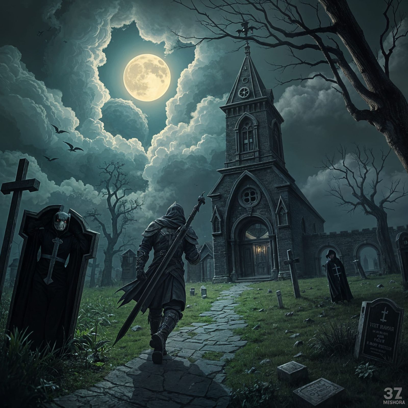 Armored Adventurer in Moonlit Graveyard Comic Style