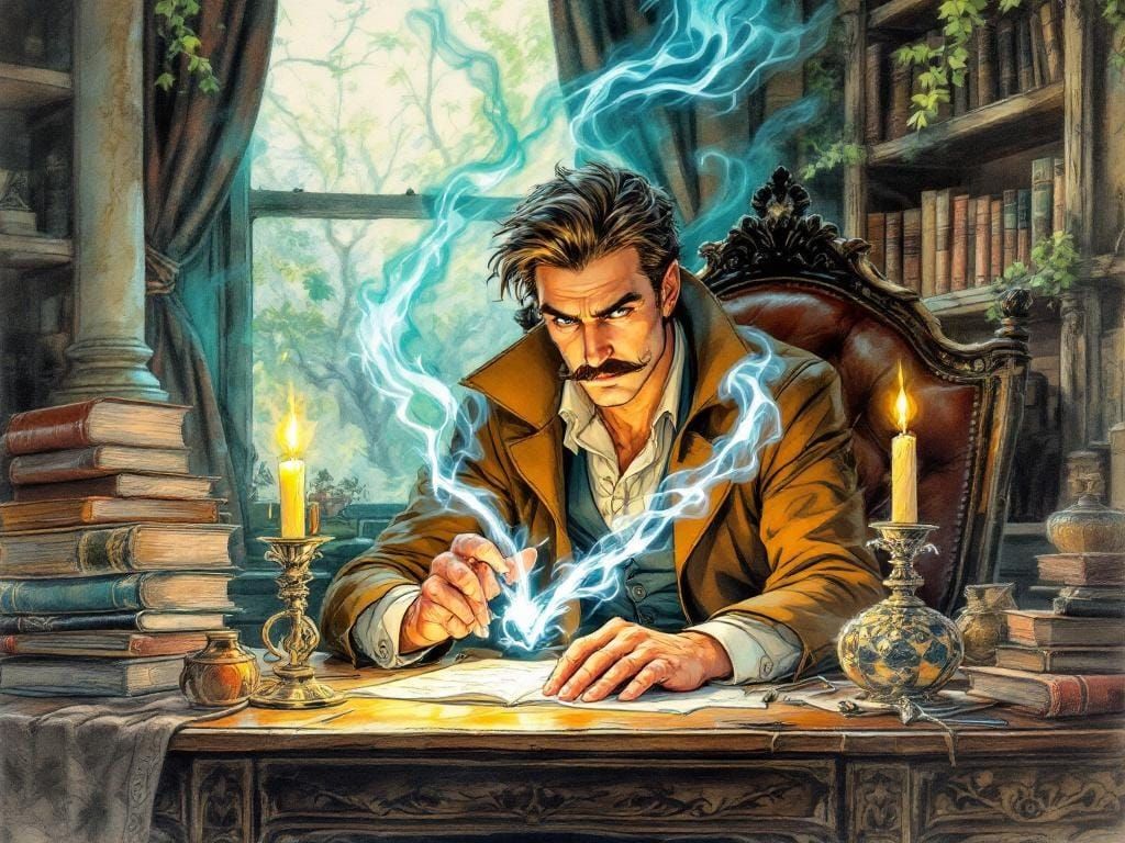 Arcane Detective Conjuring Magic in Vintage Office