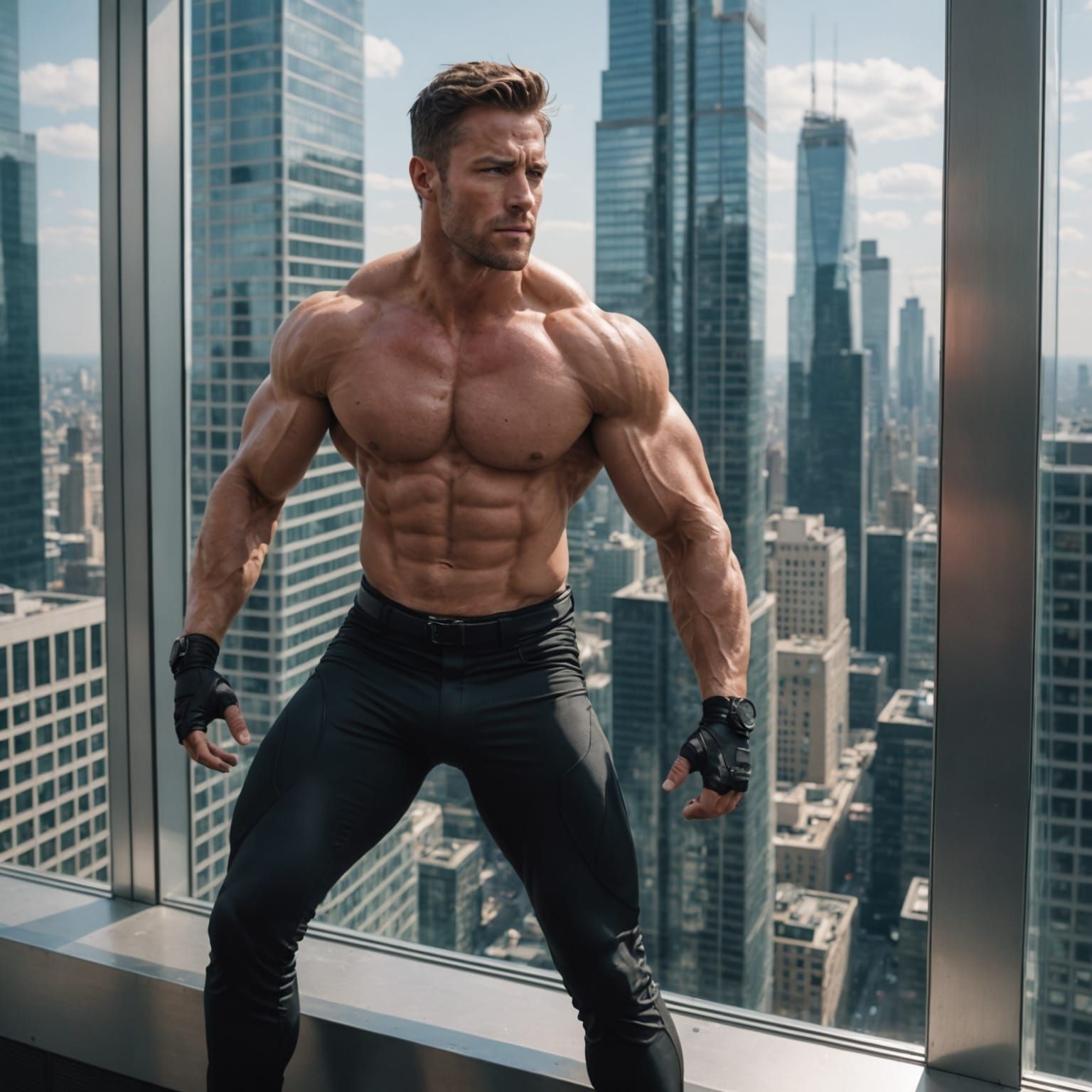 Muscular Peter Parker in Spider-Man Costume Crawls Skyscrape...