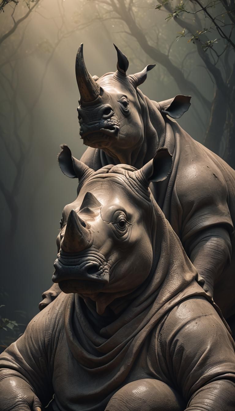 Meditating Rhino-Headed Man in Dark Environment