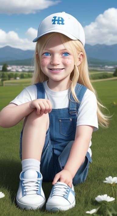 Photorealistic close-up of a toddler sitting on the grass. The toddler has very long blonde hair, big blue