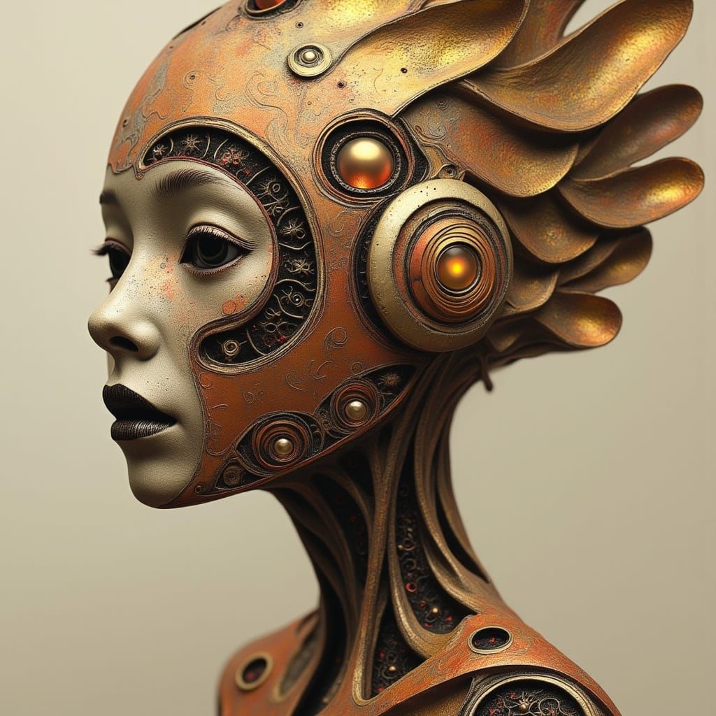 Ethereal Biomechanical Woman in Coffee Brown and Gold