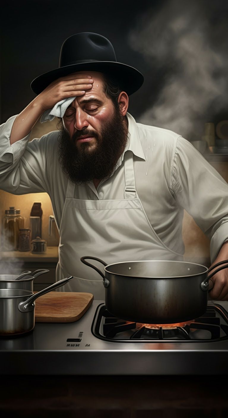 Hard Work: Sweating Man Cooking in Kitchen