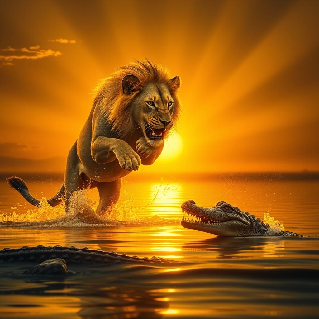 Golden Lion Emerges from Sunset Waters