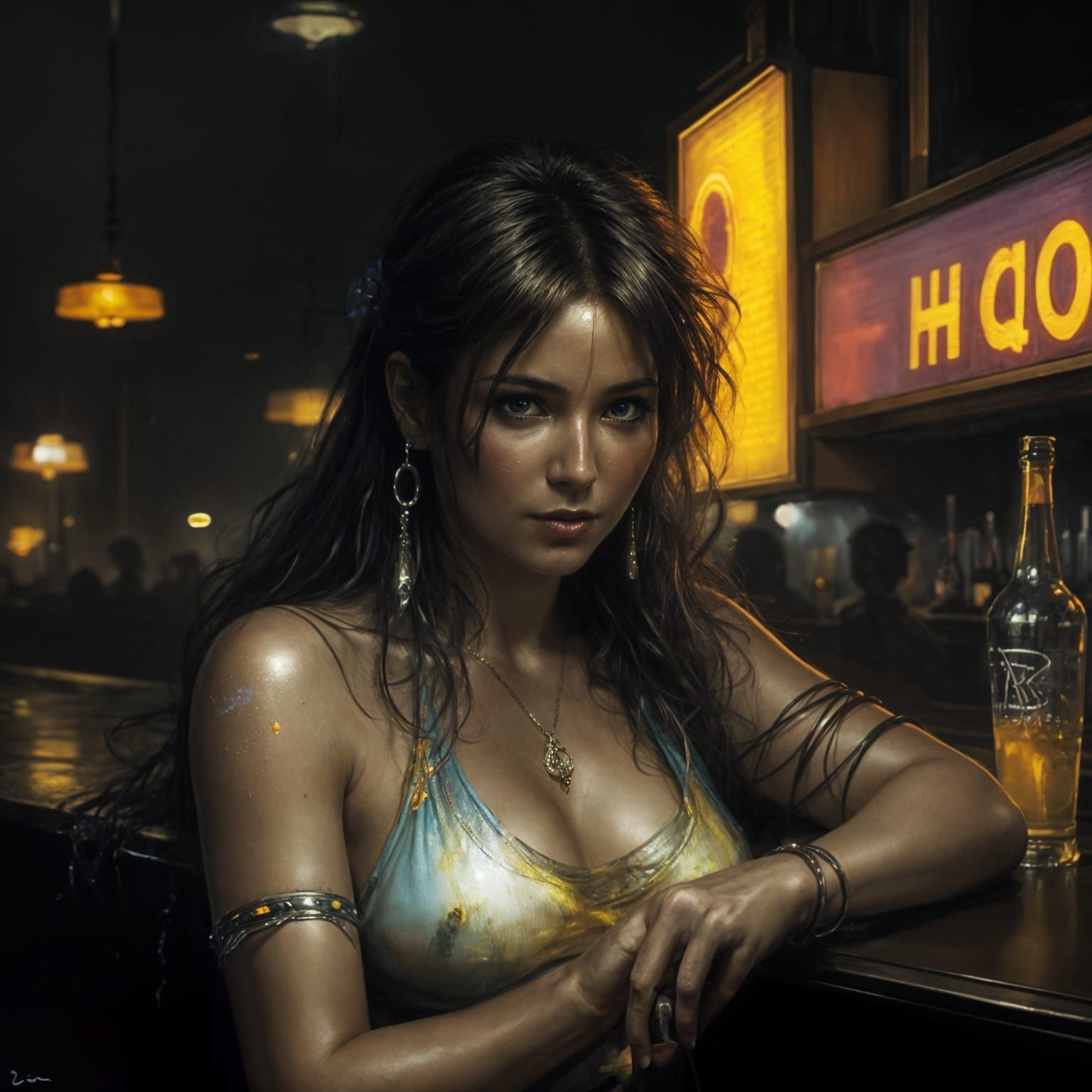 Neon Lit Bar Scene: Fine Art Oil Painting