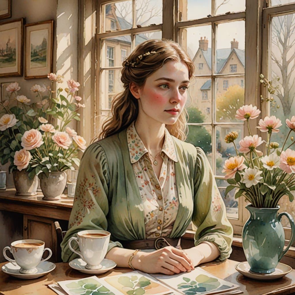 Whimsical Watercolor of a Young Woman in a Cozy Coffee Shop