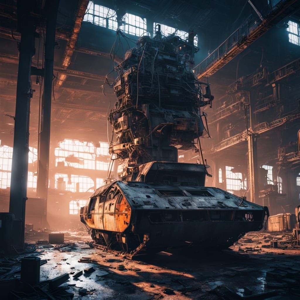 Cyberpunk Radio Tower Amidst Abandoned Technology