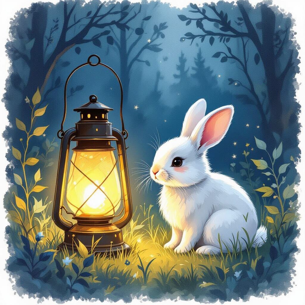 Whimsical Rabbit in Glowing Forest Clearing