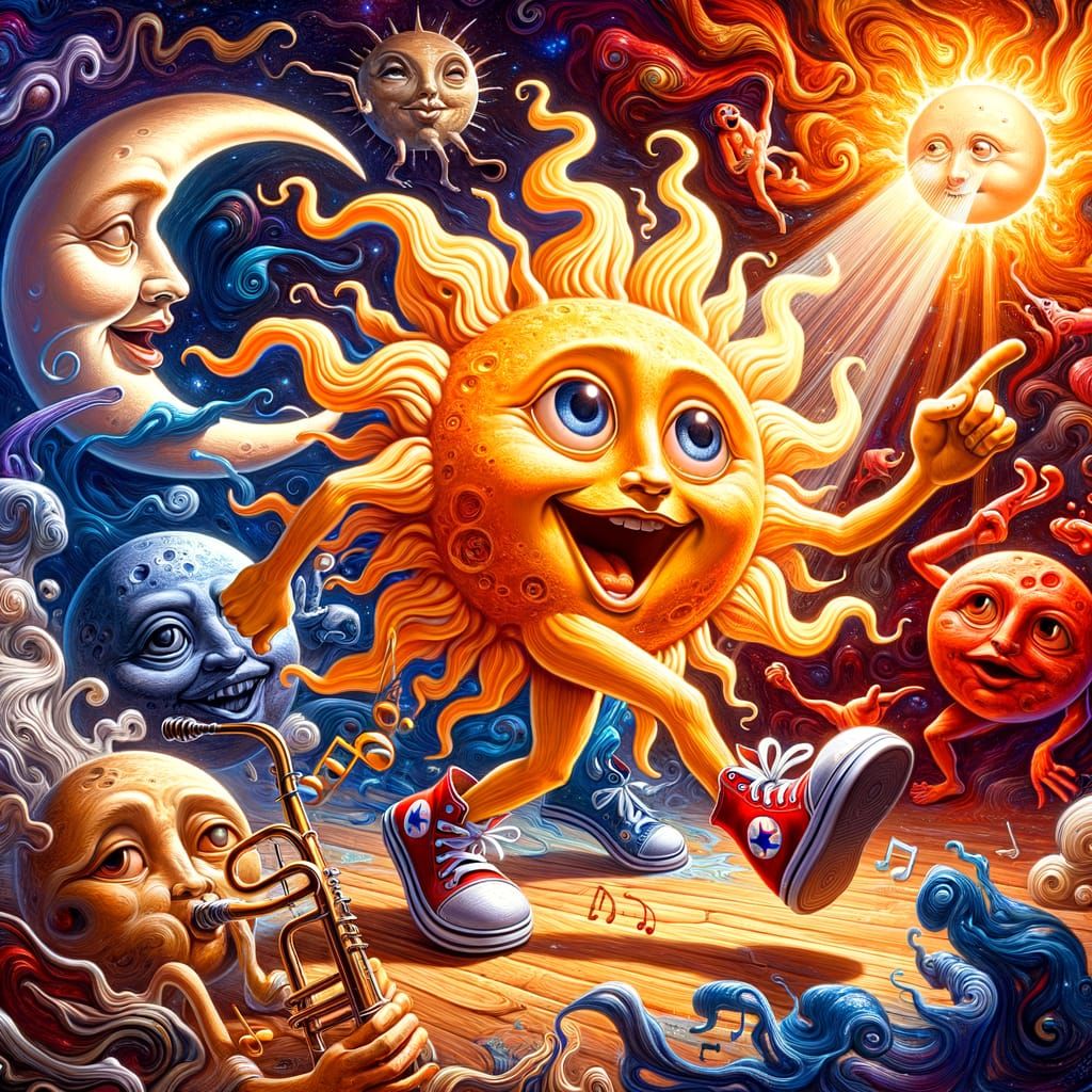 Joyful Cosmic Dance in Vibrant Abstract Style