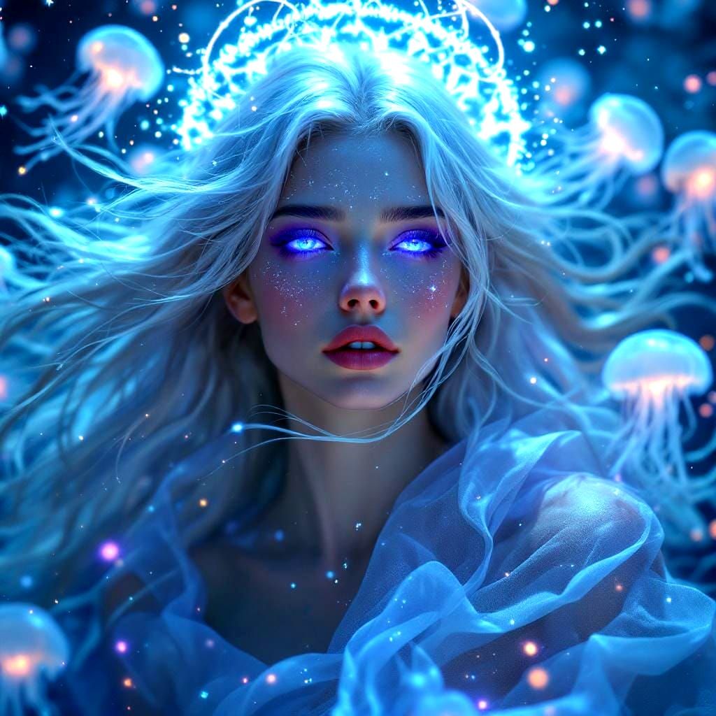 Celestial Woman in Bioluminescent Sea, Ghibli x Artgerm Aest...