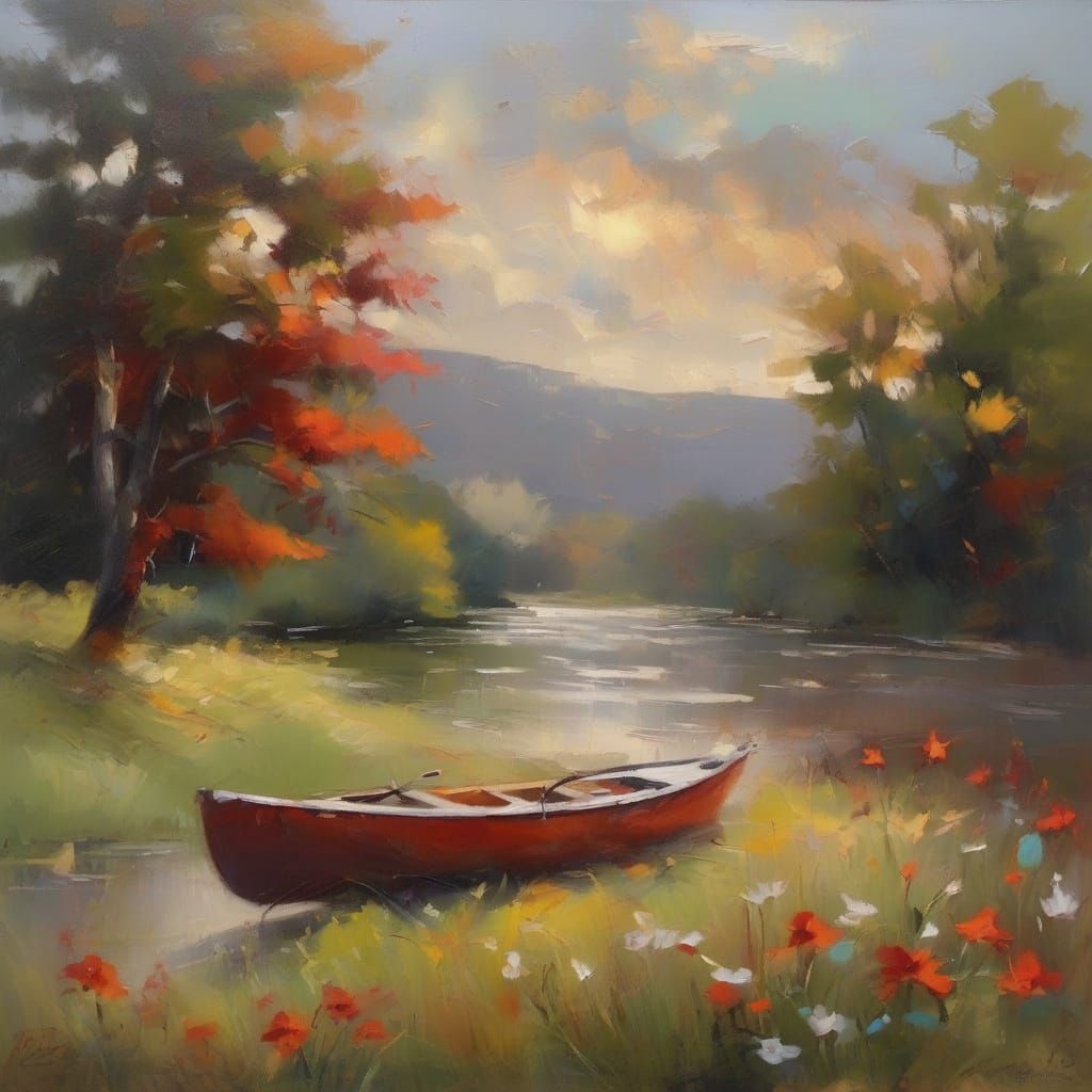 Sunny Meadow Oil Painting with Red, Orange, Aqua Flowers