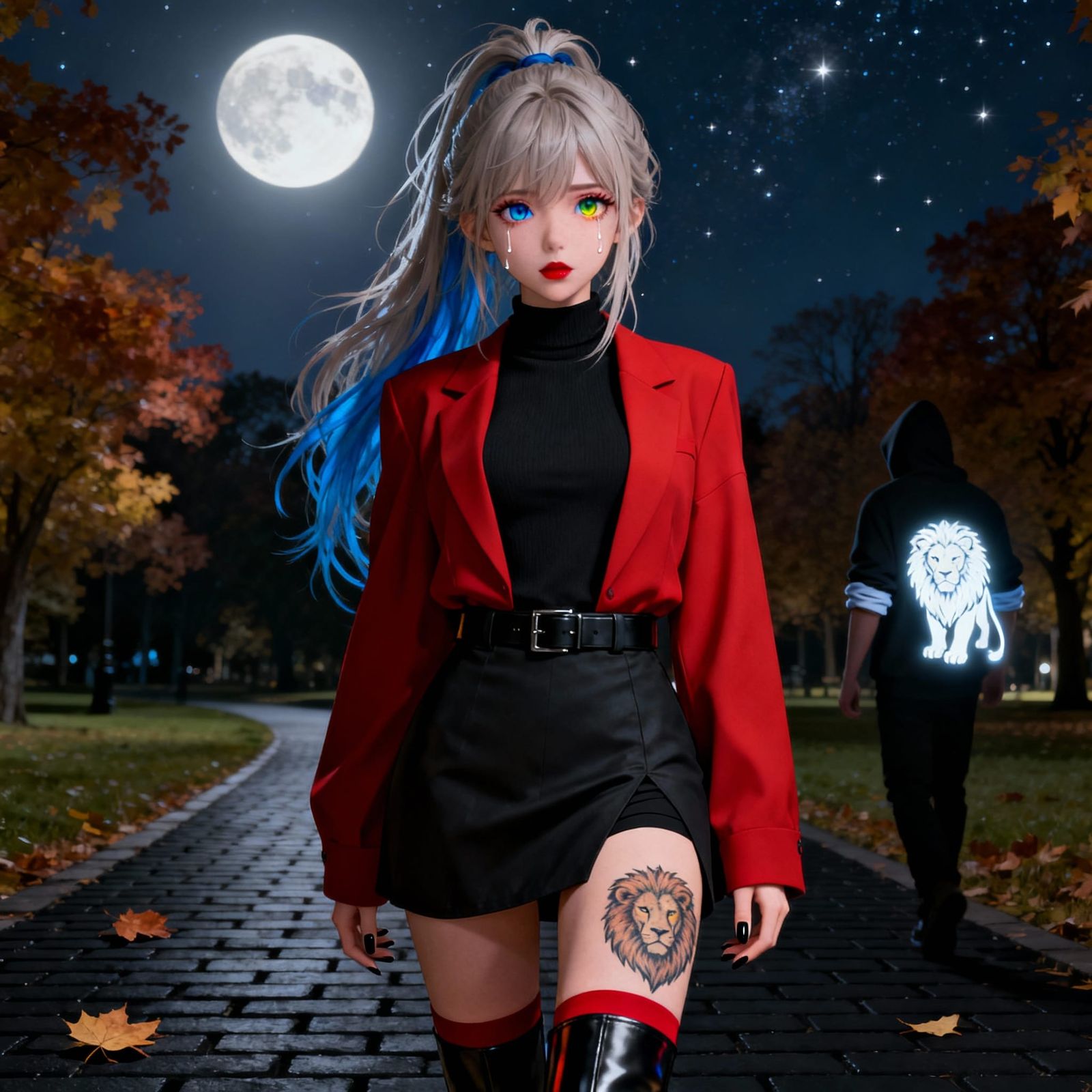 Anime Girl in Night Park with Lion Tattoo