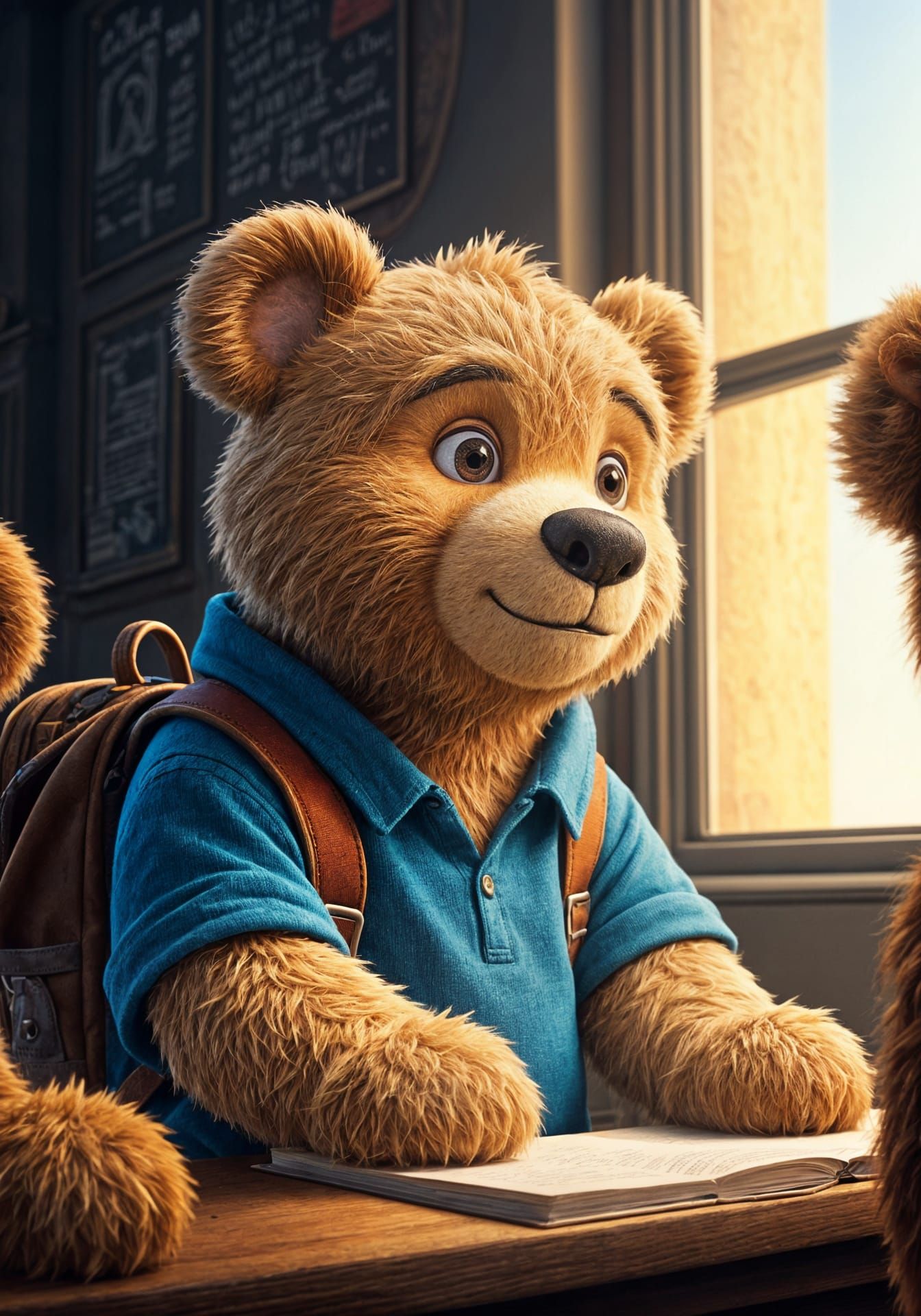 Teddy Bear Student in Pixar Animation Style