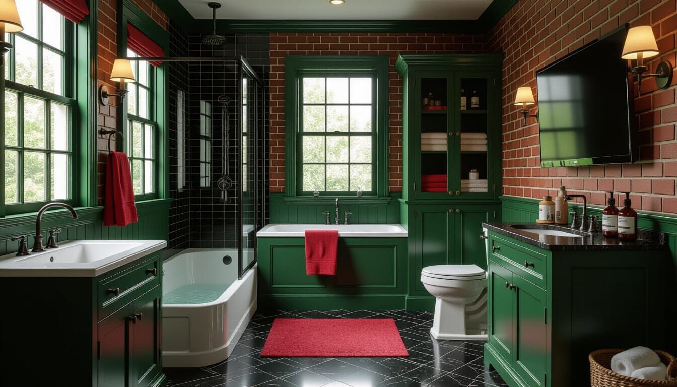 Victorian Bathroom Cinematic View in Dark Green and Red