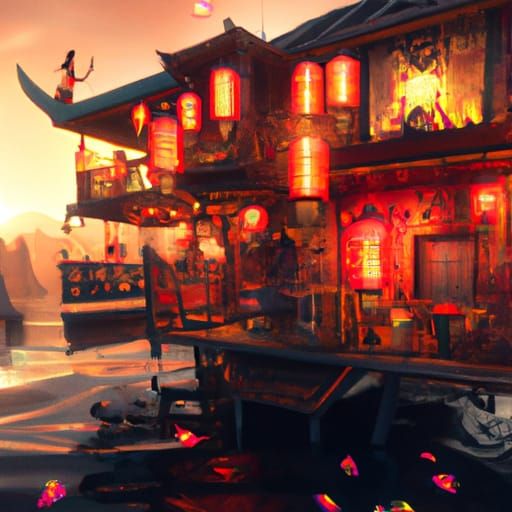 Fairytale Houseboat with Chinese Lanterns at Sunset